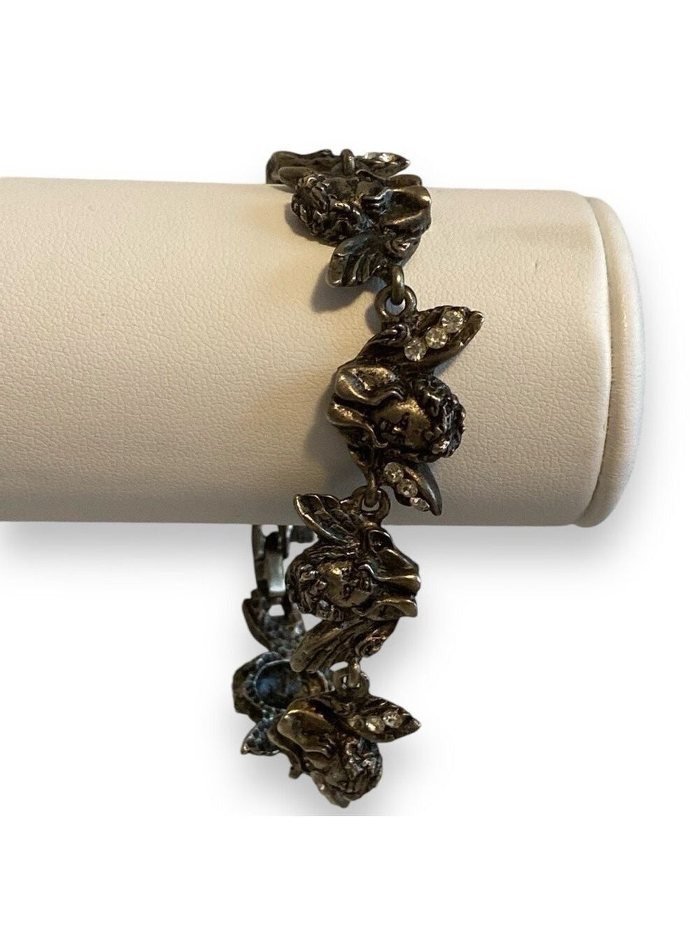 Angel Fairy Link Bracelet Pewter Metal Crystal Accent